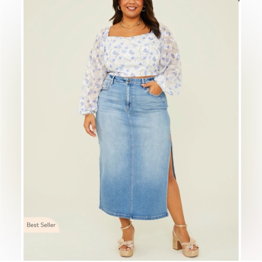 Blue Denim Midi Skirt with Side Slit